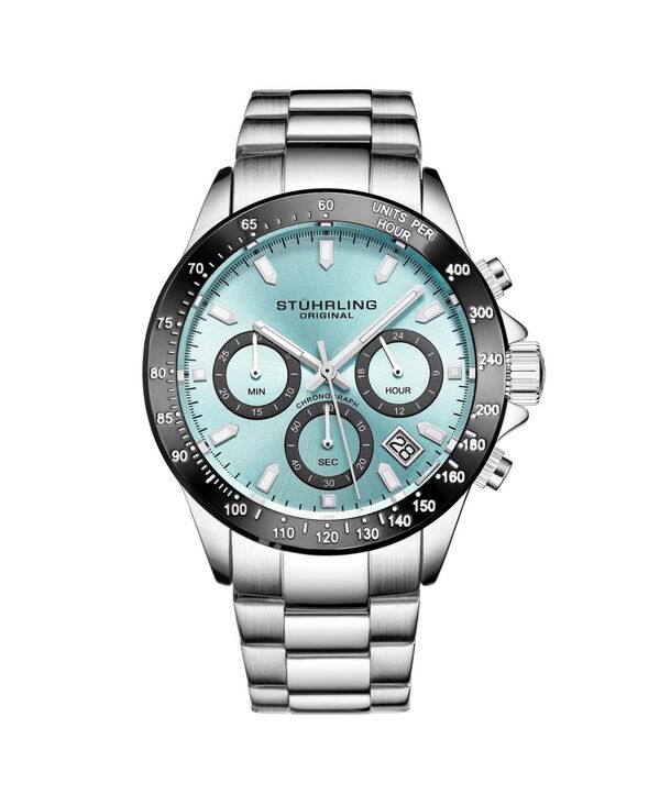 ストゥーリング レディース アクセサリー 腕時計 Tシャツ Stuhrling 3960 Men's Chronograph Watch Quartz Japan VR32 Ice Blue Dial Black Tachymeter Bezel Silver Tone Case Stainless Steel Bracelet Date Window No Color ブラック|ReVida 店