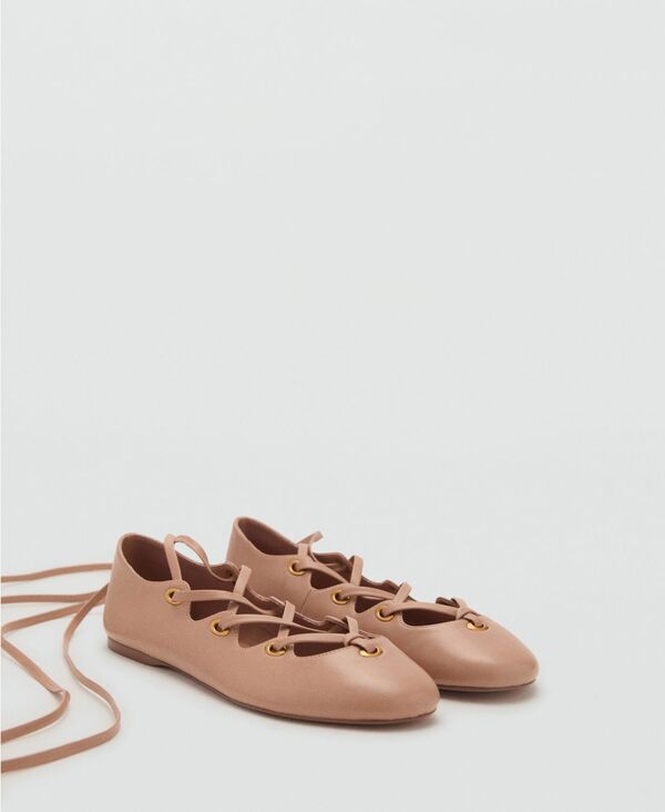 マンゴ レディース シューズ パンプス レザー MANGO Women's Crossed Straps Leather Ballet Flats Nude