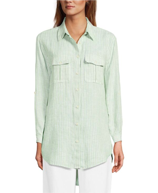 ランズエンド レディース トップス シャツ リネン Lands' End Women's Linen Roll Sleeve Relaxed Tunic Top Pale emerald/lilac stripe エメラルド｜ReVida 店
