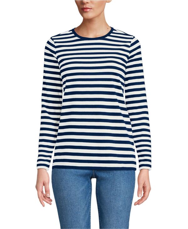 ランズエンド レディース トップス シャツ クルーネック Tシャツ コットン Lands' End Women's Relaxed Supima Cotton Long Sleeve Crew Neck T-Shirt Deep sea navy even stripe ネイビー