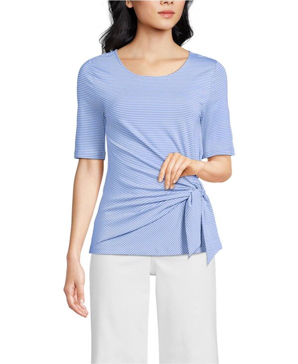 ランズエンド レディース トップス シャツ ジャージー Lands' End Women's Lightweight Jersey Tie Front Top Light periwinkle tiny stripe ストライプ