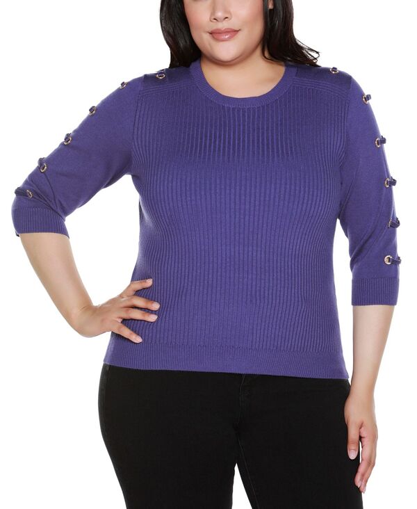 ベルディーニ レディース アウター ニット・セーター プラスサイズ リブ セーター Belldini Plus Size Grommet-Trim Ribbed Sweater Blue Dusk Gold ブルー