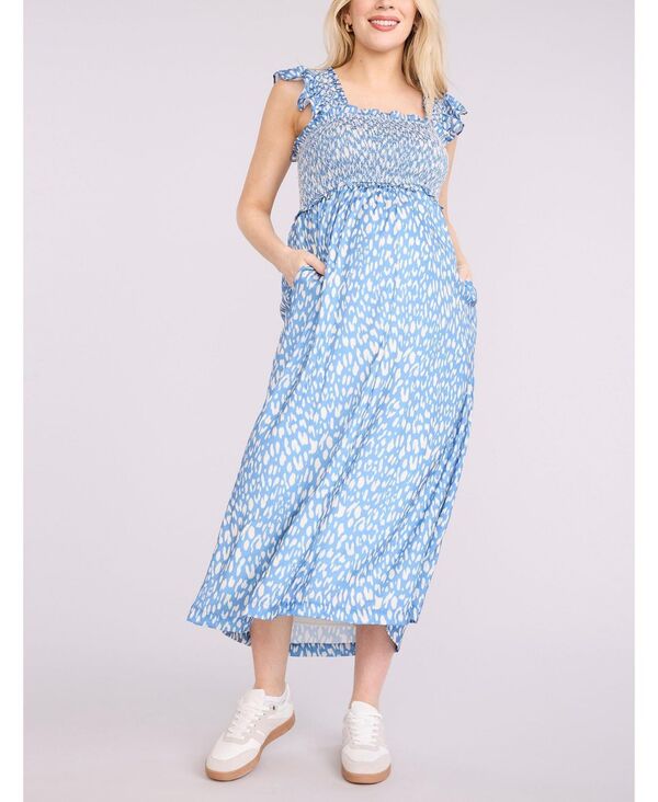 マザーフッドマタニティー レディース トップス ワンピース マキシワンピース フリル ノースリーブ シャーリング マキシ Women's Sleeveless Ruffle Shoulder Smocked Maxi Dress - Motherhood Maternity Blue cheetah ブルー|ReVida 店