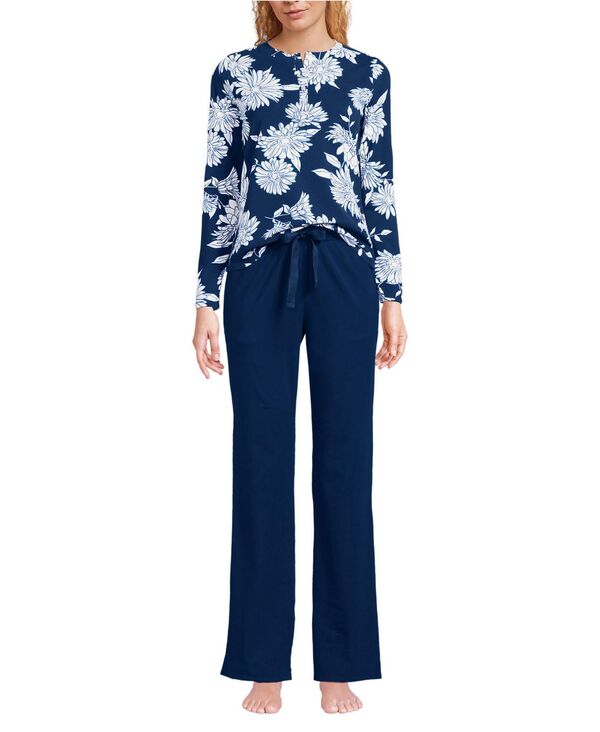 ランズエンド レディース アンダーウェア ナイトウェア パンツ ニット Lands' End Women's Knit 2 Piece Pajama Set - Long Sleeve Top and Pants Deep sea navy daisies ネイビー｜ReVida 店