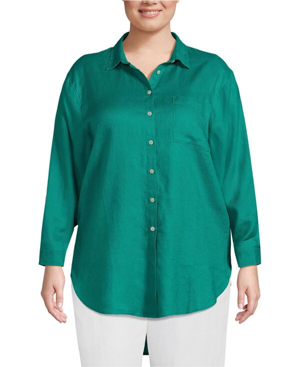 ランズエンド レディース トップス シャツ プラスサイズ リネン Lands' End Women's Plus Size Linen Roll Sleeve Oversized Relaxed Tunic Top Island emerald エメラルド
