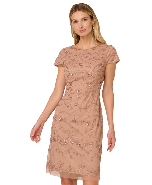 アドリアナ パペル レディース トップス ワンピース Adrianna Papell Women's Boat-Neck Beaded Sheath Dress ROSE GOLD ゴールド