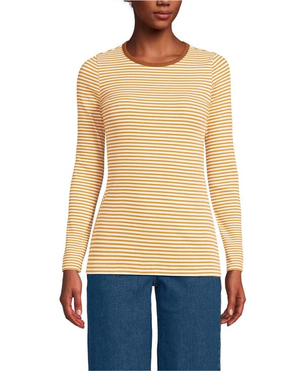 ランズエンド レディース トップス Tシャツ Lands' End Women's Long Sleeve Micro Rib T-Shirt Dijon gold tiny stripe ゴールド