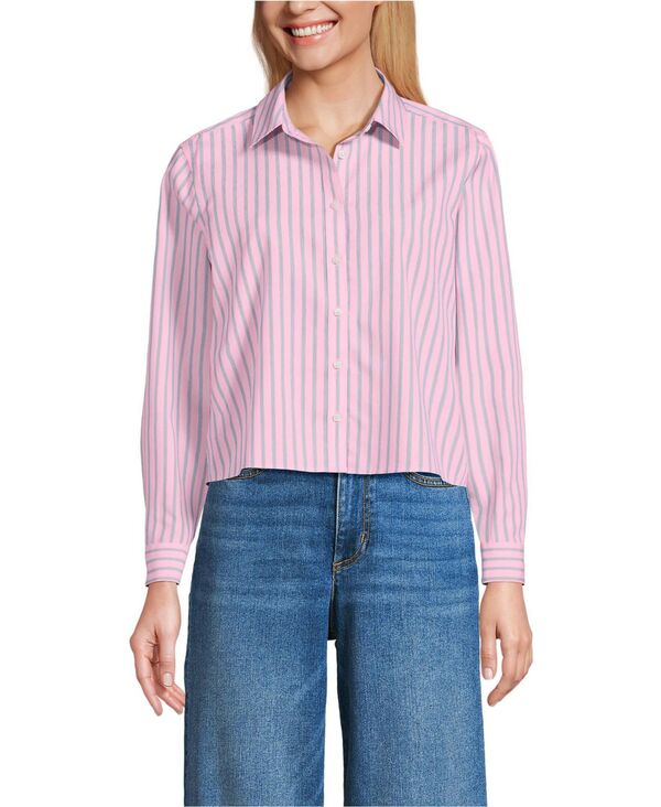 ランズエンド レディース トップス シャツ クロップド Lands' End Women's No Iron Boxy Cropped Shirt Seaside pink/navy stripe ネイビー|ReVida 店