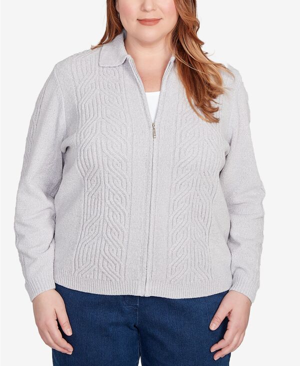 アルフレッド ダナー レディース アウター ニット・セーター プラスサイズ セーター カーディガン Alfred Dunner Plus Size Classic Zip-Front Chenille Collared Cardigan Sweater Grey グレー