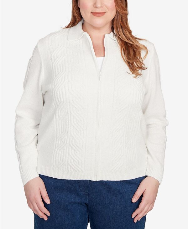 アルフレッド ダナー レディース アウター ニット・セーター プラスサイズ セーター カーディガン Alfred Dunner Plus Size Classic Zip-Front Chenille Collared Cardigan Sweater Ivory アイボリー