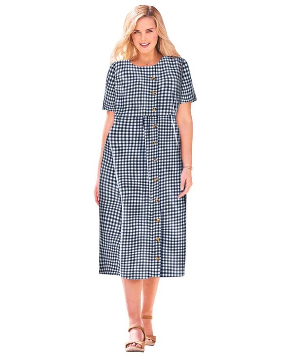 ウーマン ウィズイン レディース トップス ワンピース プラスサイズ 半袖 Woman Within Plus Size Within Short-Sleeve Seersucker Dress Navy gingham ネイビー
