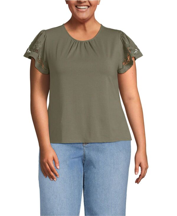 ランズエンド レディース トップス シャツ クルーネック プラスサイズ フリル ジャージー Lands' End Women's Plus Size Lightweight Jersey Crew Neck Ruffle Sleeve Flowy Top Soft olive drab オリーブ