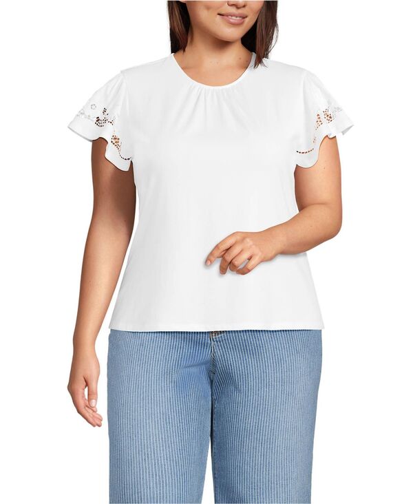 ランズエンド レディース トップス シャツ クルーネック プラスサイズ フリル ジャージー Lands' End Women's Plus Size Lightweight Jersey Crew Neck Ruffle Sleeve Flowy Top White ホワイト