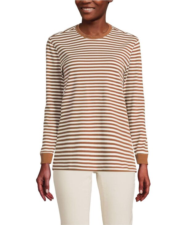 ランズエンド レディース トップス シャツ クルーネック コットン Lands' End Women's Cotton Relaxed Long Sleeve Crew Neck Rich ginger/ivory stripe アイボリー