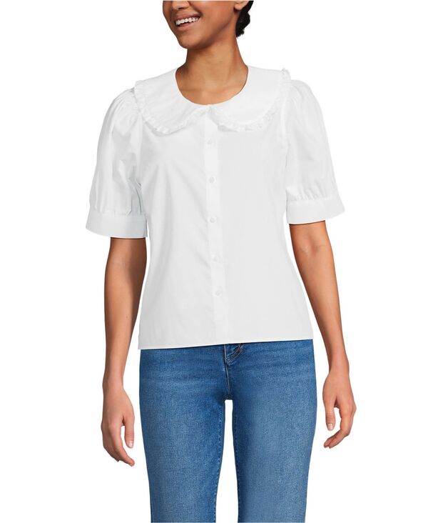 ランズエンド レディース トップス シャツ コットン Lands' End Women's Carefree Cotton Puff Sleeve Statement Collar Shirt White ホワイト