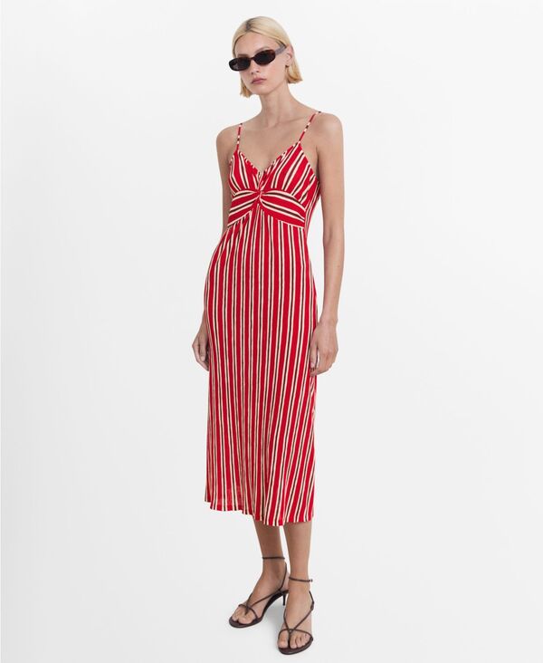 マンゴ レディース トップス ワンピース MANGO Women's Striped Gathered Dress Red レッド