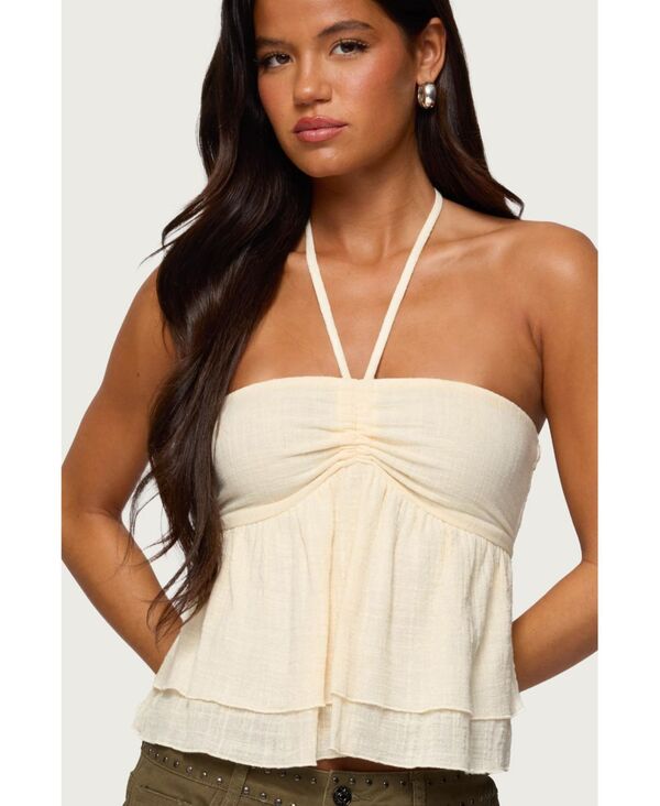 アディクテッド レディース トップス シャツ リネン ホルター Edikted Womens Layered Linen Look Babydoll Halter Top Cream クリーム｜ReVida 店