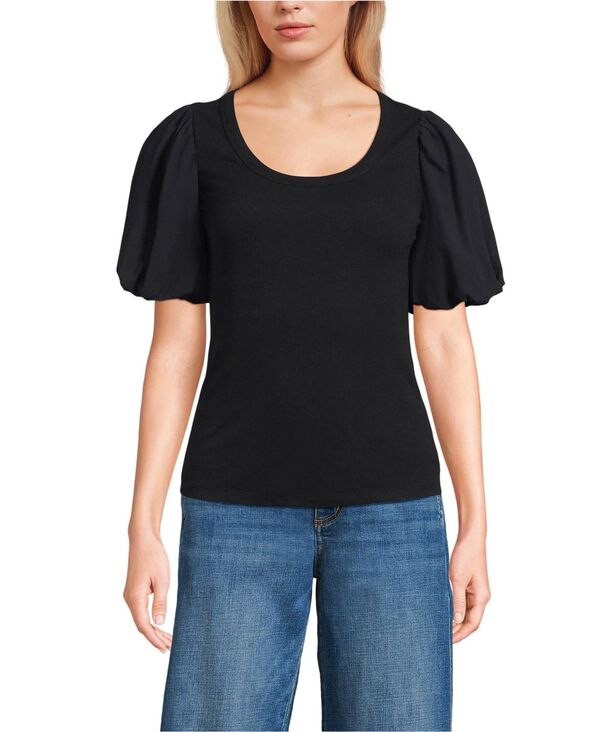 ランズエンド レディース トップス シャツ Lands' End Women's Drapey Rib Puff Sleeve Scoop Neck Top Black ブラック|ReVida 店
