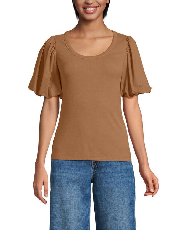 ランズエンド レディース トップス シャツ Lands' End Women's Drapey Rib Puff Sleeve Scoop Neck Top Canyon camel キャメル