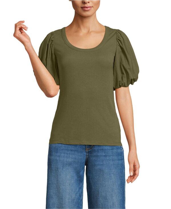 ランズエンド レディース トップス シャツ Lands' End Women's Drapey Rib Puff Sleeve Scoop Neck Top Olive drab オリーブ|ReVida 店