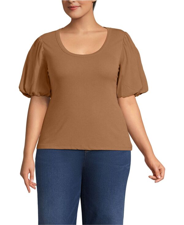 ランズエンド レディース トップス シャツ プラスサイズ Lands' End Women's Plus Size Drapey Rib Puff Sleeve Scoop Neck Top Canyon camel キャメル