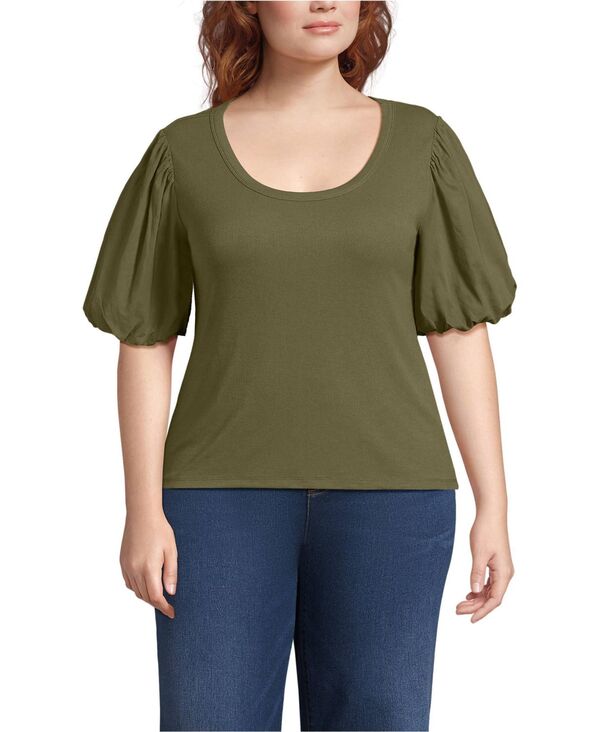 ランズエンド レディース トップス シャツ プラスサイズ Lands' End Women's Plus Size Drapey Rib Puff Sleeve Scoop Neck Top Olive drab オリーブ