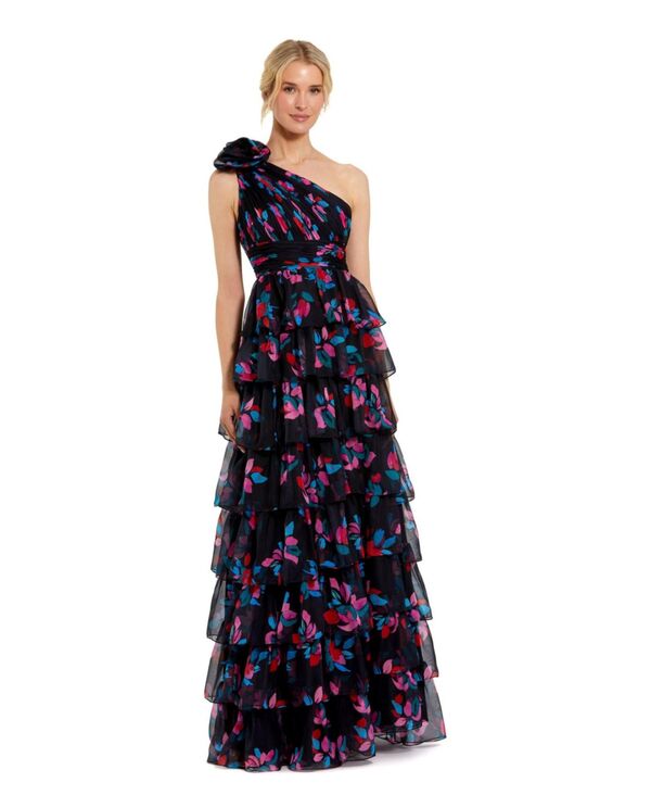 マックダガル レディース トップス ワンピース ティアード シフォン プリント フリル Mac Duggal Women's One Shoulder Printed Chiffon Tiered Ruffle Gown Black multi ブラック
