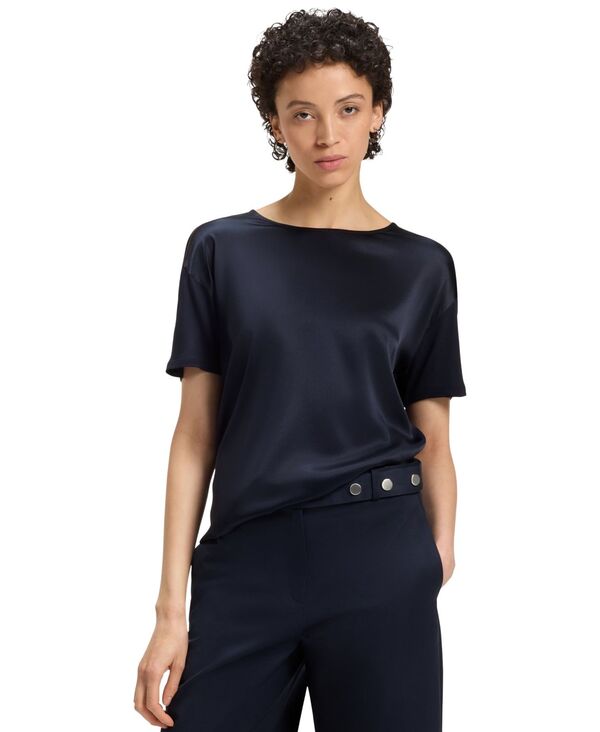 ヒューゴボス レディース トップス シャツ Tシャツ シルク Hugo Boss Women's Stretch-Silk Regular-Fit T-Shirt Dark Blue ブルー｜ReVida 店