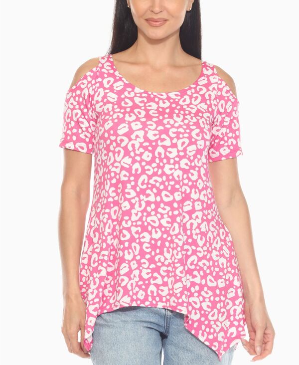 ホワイトマーク レディース トップス シャツ プリント White Mark Women's Cold Shoulder Leopard Print Short Sleeve Top Pink ピンク｜ReVida 店