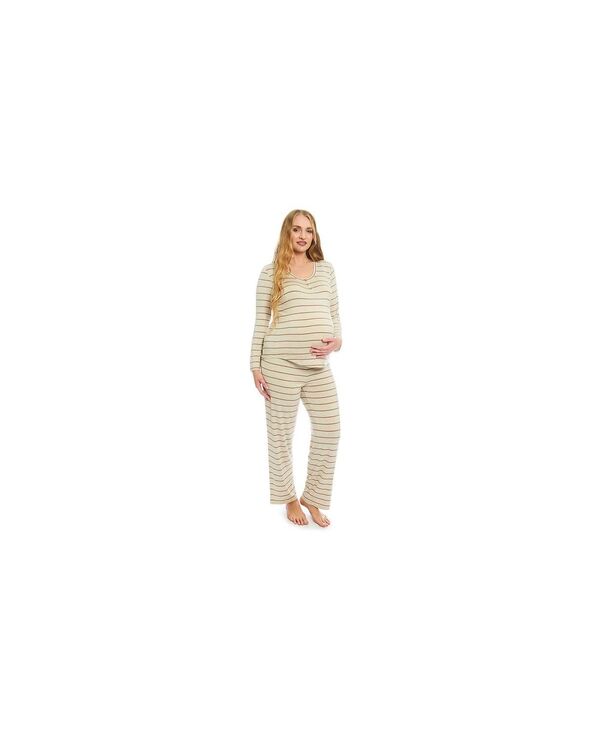 エヴァリーグレー レディース ボトムス カジュアルパンツ パンツ マタニティ Everly Grey Maternity Laina Top & Pants /Nursing Pajama Set Mocha stripe モカ