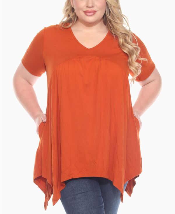 ホワイトマーク レディース トップス シャツ プラスサイズ ニット White Mark Plus Size Short Sleeve Shirred Front Knit Top Cinnamon Stick