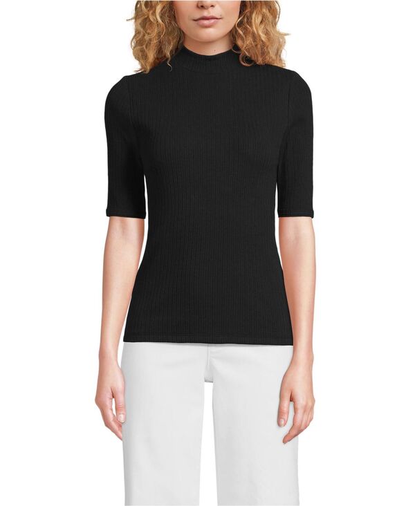 ランズエンド レディース トップス シャツ モックネック Lands' End Women's Elbow Sleeve Pointelle Rib Mock Neck Black ブラック