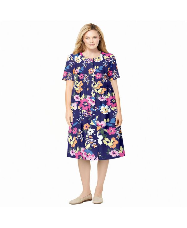 ウーマン ウィズイン レディース トップス ワンピース Woman Within Women's Within Button-Front Short Essential Dress Navy multi garden ネイビー｜ReVida 店