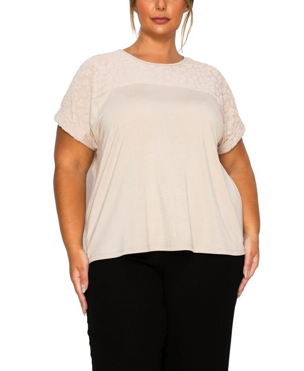 コイン 1804 レディース トップス シャツ プラスサイズ コントラスト COIN 1804 Plus Size Cheetah Burnout Contrast Yoke Dolman Top Stone ストーン
