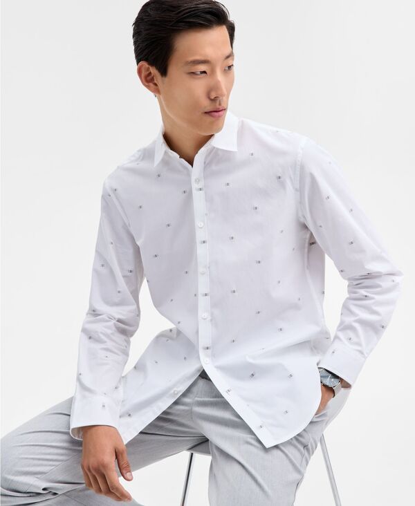 アルファニ メンズ トップス プルオーバー 刷り上げる Alfani Men\u0027s Long Sleeve Dobby Geo Print Button-Front Shirt Bright White 白いこと