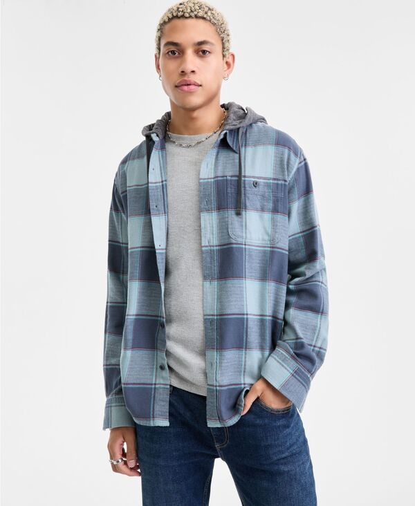 サンストーン メンズ トップス シャツ コットン Sun + Stone Men's Irving Layered-Look Hooded Cotton Flannel Plaid Shirt Silver Blue ブルー