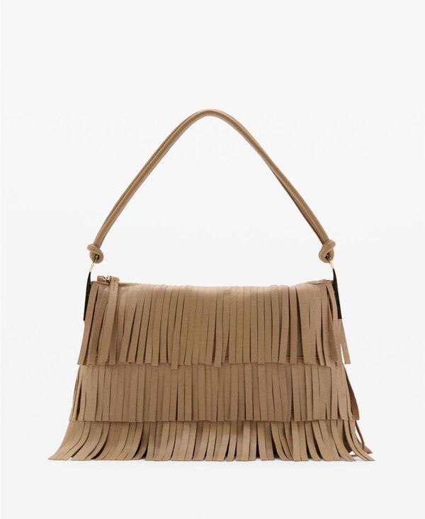 マンゴ レディース バッグ ハンドバッグ レザー フリンジ MANGO Women's Fringes Detail Large Leather Shoulder Bag Beige ベージュ