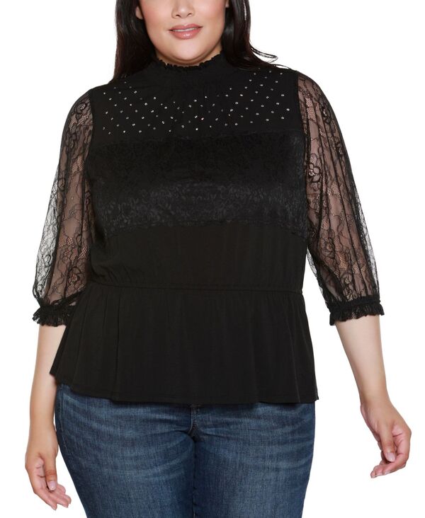 ベルディーニ レディース トップス シャツ プラスサイズ ニット Belldini Plus Size Mixed-Media Embellished Knit Top Black ブラック