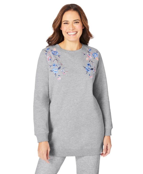 ウーマン ウィズイン レディース アウター パーカー・スウェット プラスサイズ スウェット シャツ フリース Woman Within Plus Size Fleece Sweatshirt Heather grey floral vine embroidery グレー