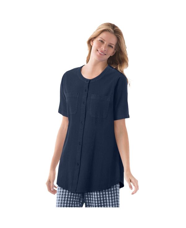 ウーマン ウィズイン レディース トップス シャツ 半袖 Woman Within Women's Within Short-Sleeve Crinkle Shirt Navy ネイビー｜ReVida 店