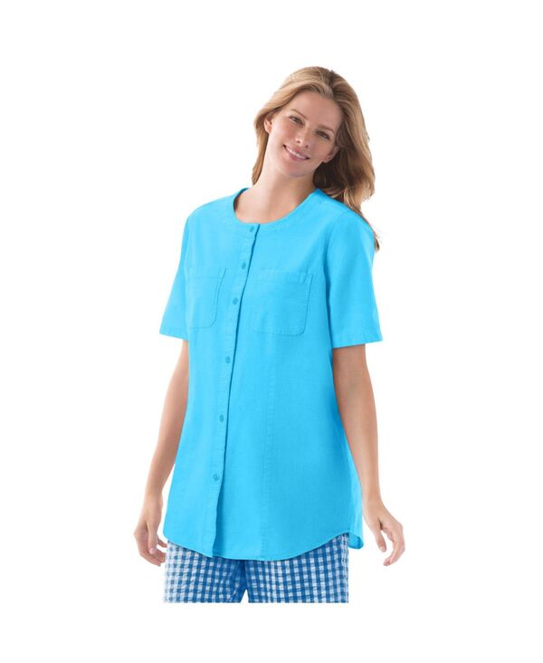 ウーマン ウィズイン レディース トップス シャツ 半袖 Woman Within Women's Within Short-Sleeve Crinkle Shirt Paradise blue ブルー｜ReVida 店 10,281円