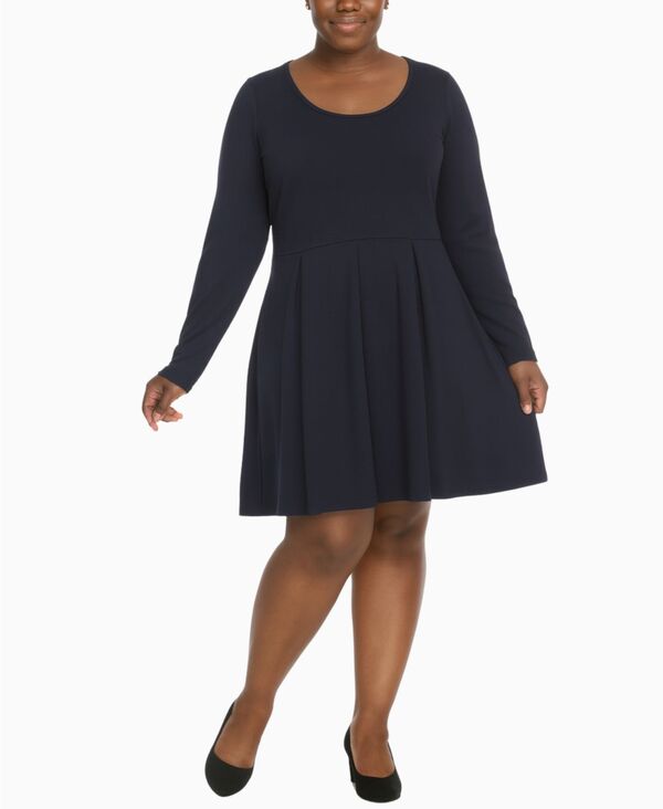 ホワイトマーク レディース トップス ワンピース プラスサイズ White Mark Plus Size Classic Long Sleeve Fit and Flare Dress Navy ネイビー|ReVida 店
