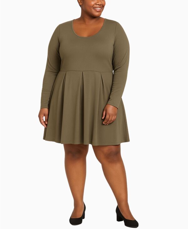 ホワイトマーク レディース トップス ワンピース プラスサイズ White Mark Plus Size Classic Long Sleeve Fit and Flare Dress Olive オリーブ 12,226円