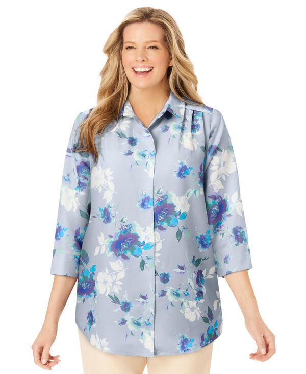 ウーマン ウィズイン レディース トップス シャツ プラスサイズ Woman Within Plus Size No Iron Three-Quarter Sleeve Peachskin Shirt Pearl grey romantic floral パール