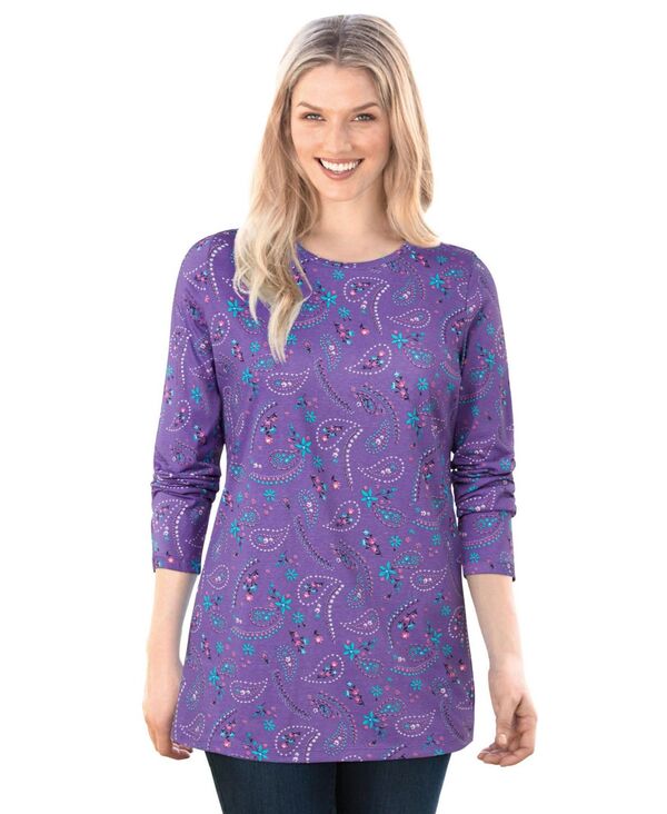 ウーマン ウィズイン レディース トップス シャツ クルーネック プラスサイズ プリント Tシャツ 長袖 Woman Within Plus Size Perfect Printed Long-Sleeve Crewneck Tee Petal purple floral paisley パープル|ReVida 店