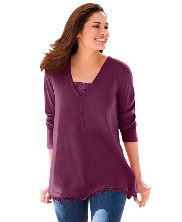 ウーマン ウィズイン レディース トップス シャツ レーストリム プラスサイズ Tシャツ レース Woman Within Plus Size Layered-Look Lace Trim Tee Deep claret