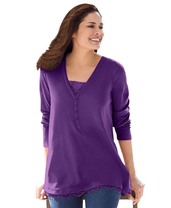 ウーマン ウィズイン レディース トップス シャツ レーストリム プラスサイズ Tシャツ レース Woman Within Plus Size Layered-Look Lace Trim Tee Radiant purple パープル