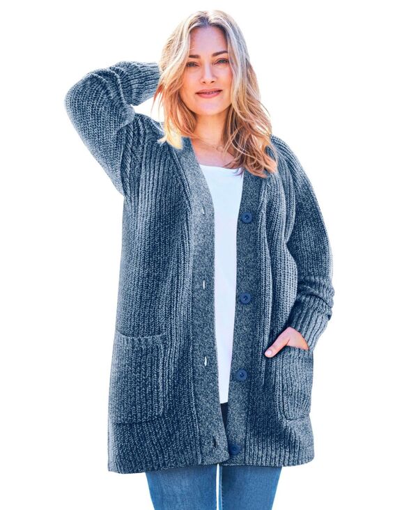 成人女性 ウィズはたご屋 レディース アウター 編み物・プルオーバー ジレー Woman Within Women\u0027s Within Button-Front Shaker Cardigan Royal navy white marled 白いこと セーター-ニット・セーター