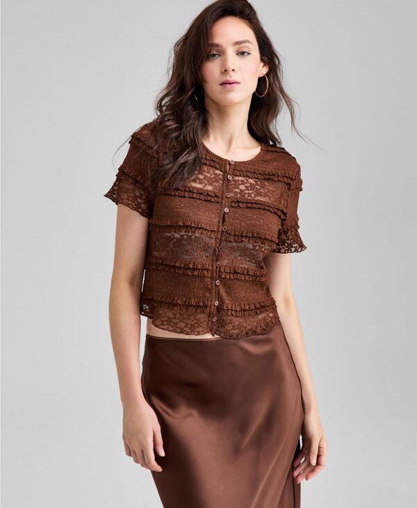 アンドノウディス レディース トップス シャツ 半袖 レース And Now This Women's Scoop-Neck Short-Sleeve Lace Top Canyon Ear