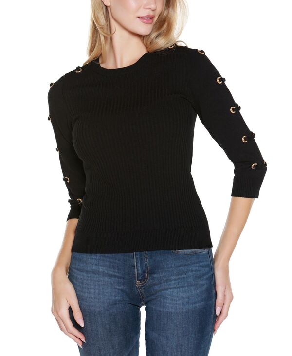 ベルディーニ レディース アウター ニット・セーター リブ セーター Belldini Women's Grommet-Trim Ribbed Sweater Black Gold ブラック